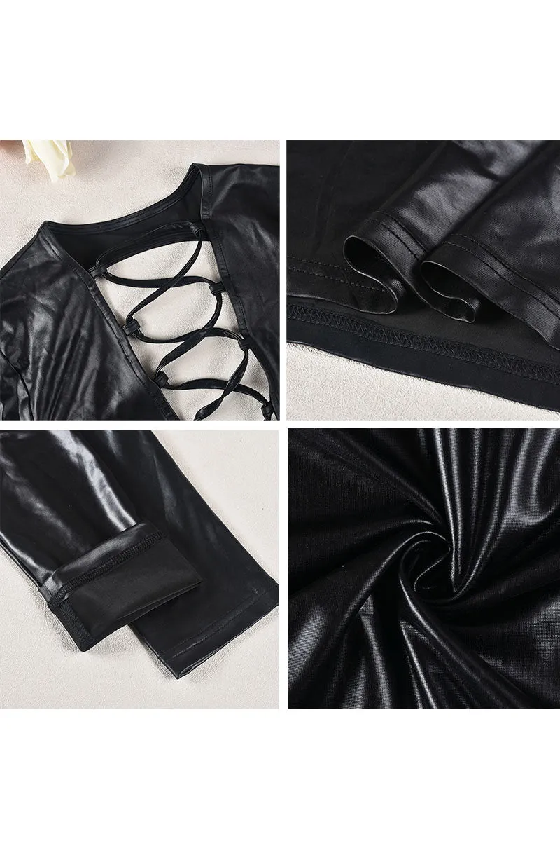 BG649 Faux Leather Drawstring Maxi Dress