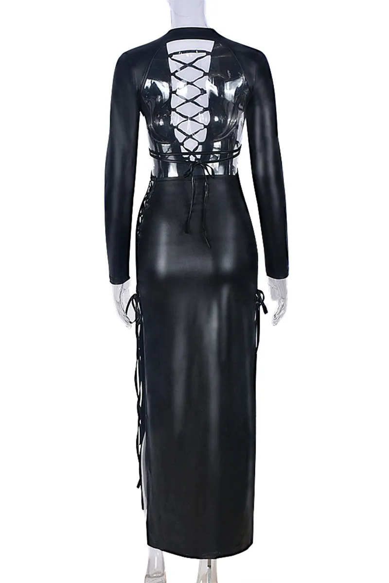 BG649 Faux Leather Drawstring Maxi Dress