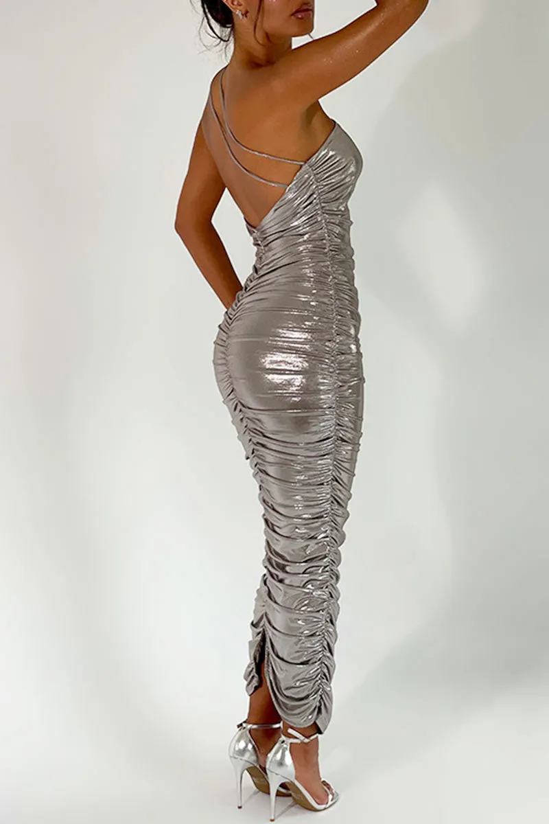 BG700 Ruched One-Shoulder Maxi Dress