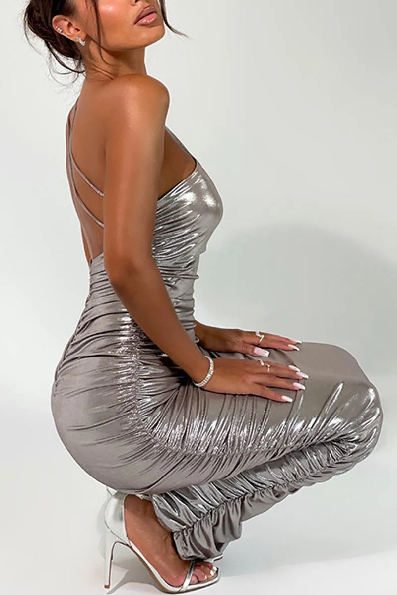 BG700 Ruched One-Shoulder Maxi Dress