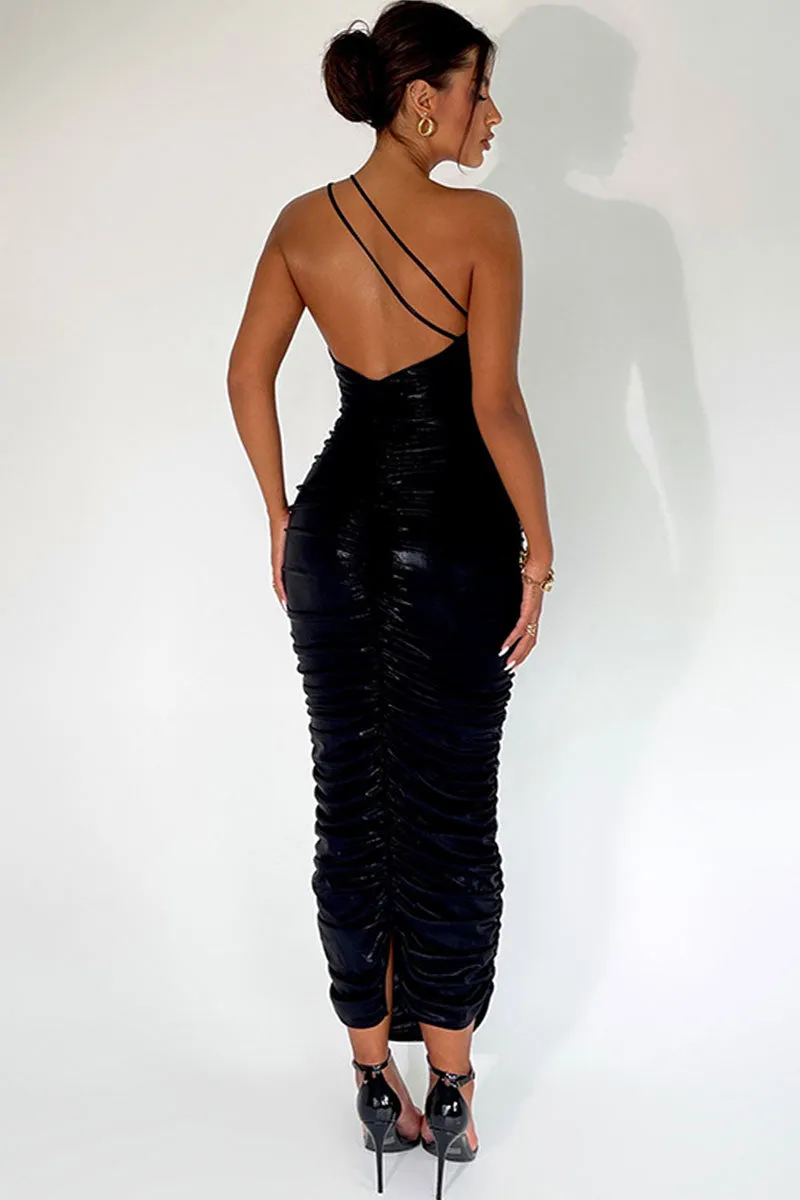 BG700 Ruched One-Shoulder Maxi Dress