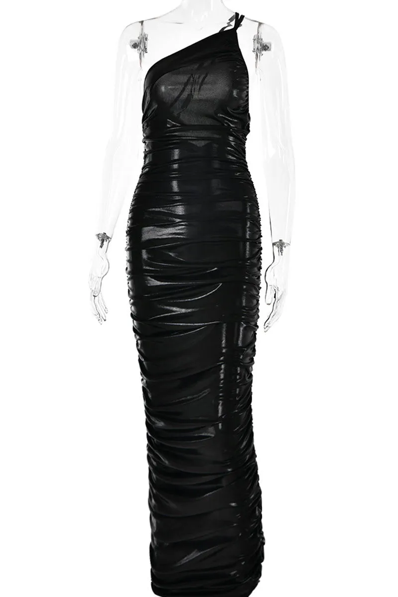 BG700 Ruched One-Shoulder Maxi Dress
