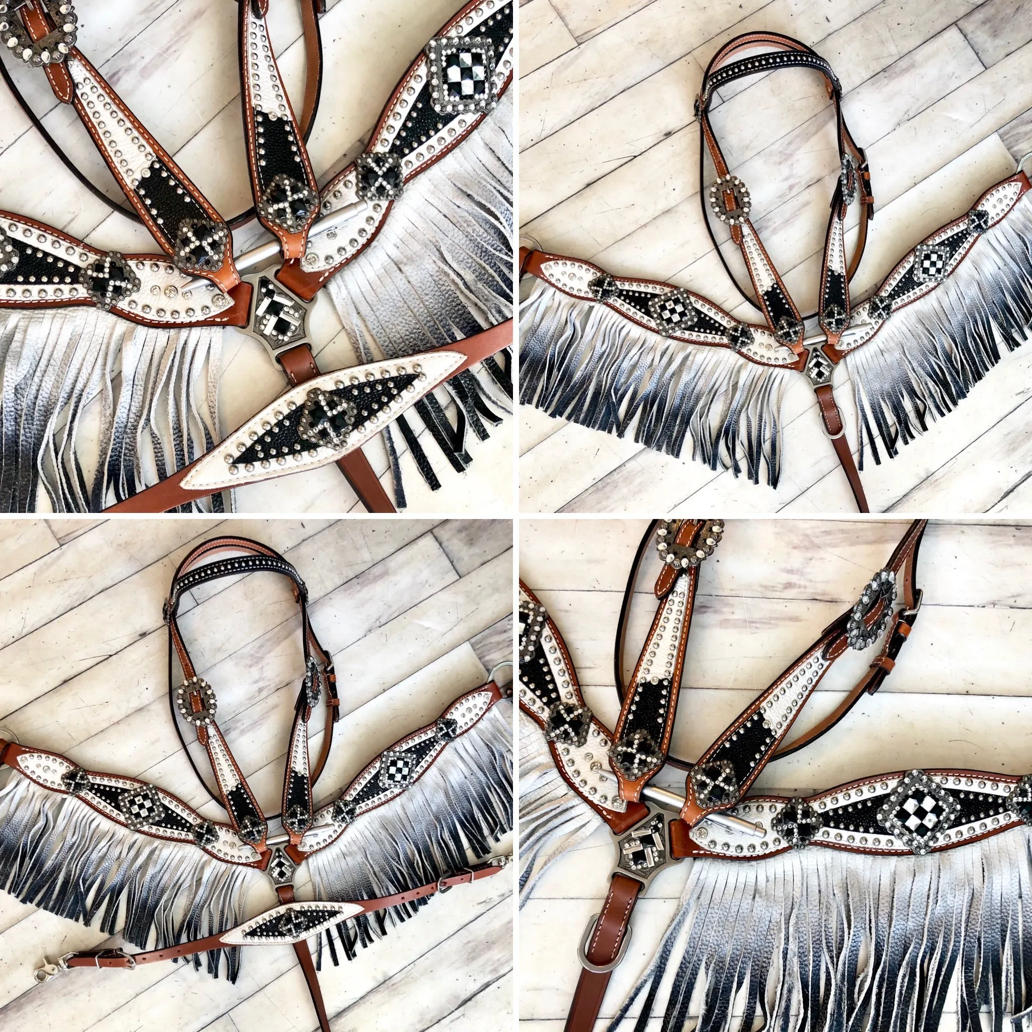 Black and White Ombre, Checkered Concho, Scalloped Leather Tack Set