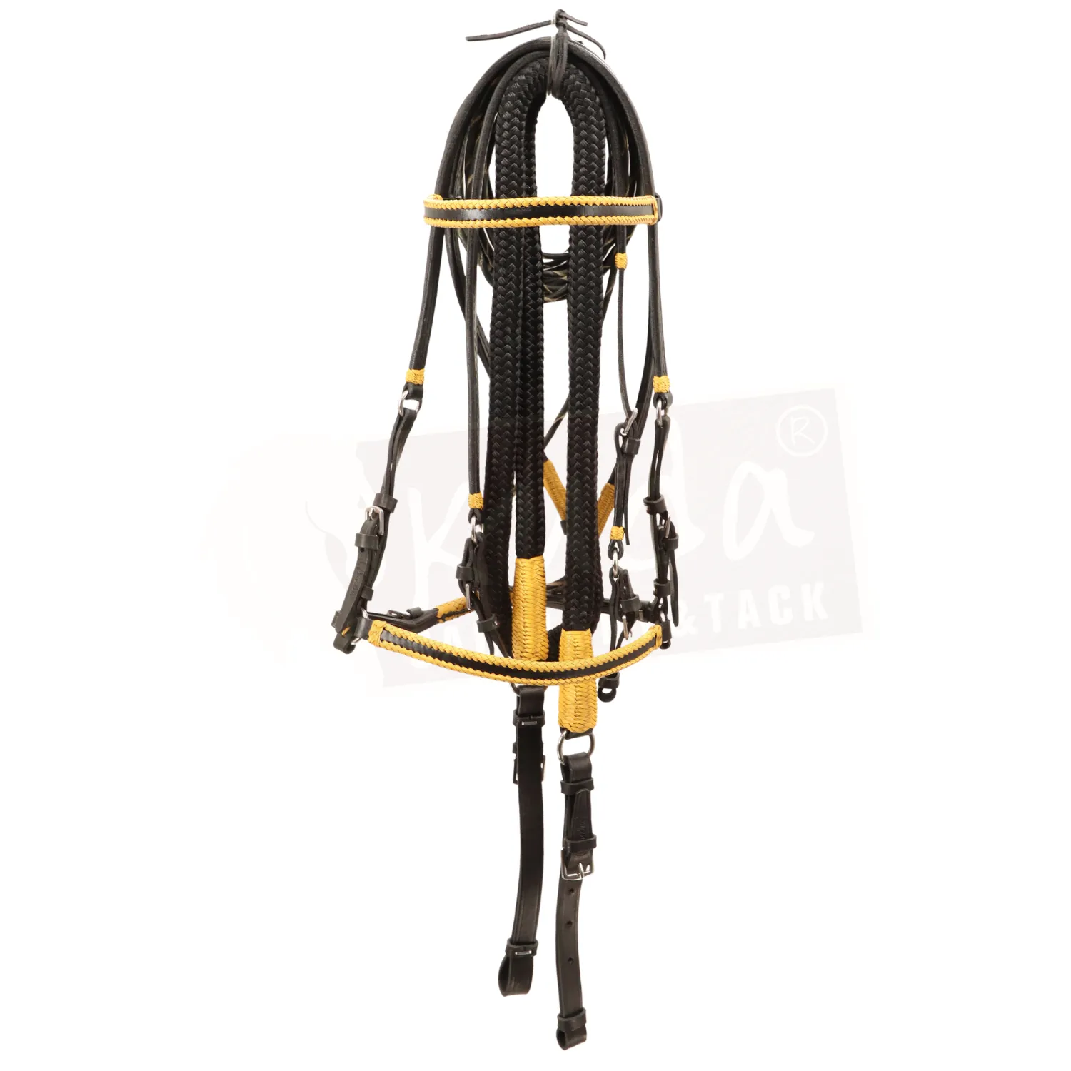 Black and Yellow Bridle set with Black trim, 5/8" nylon reins with leather ends