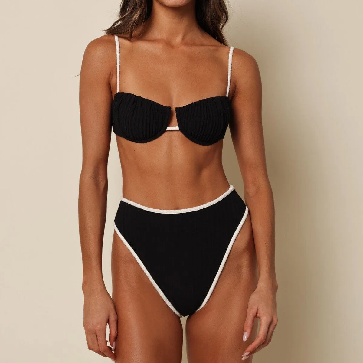 Black (Cream Binded) Terry Rib Petal Bikini Top