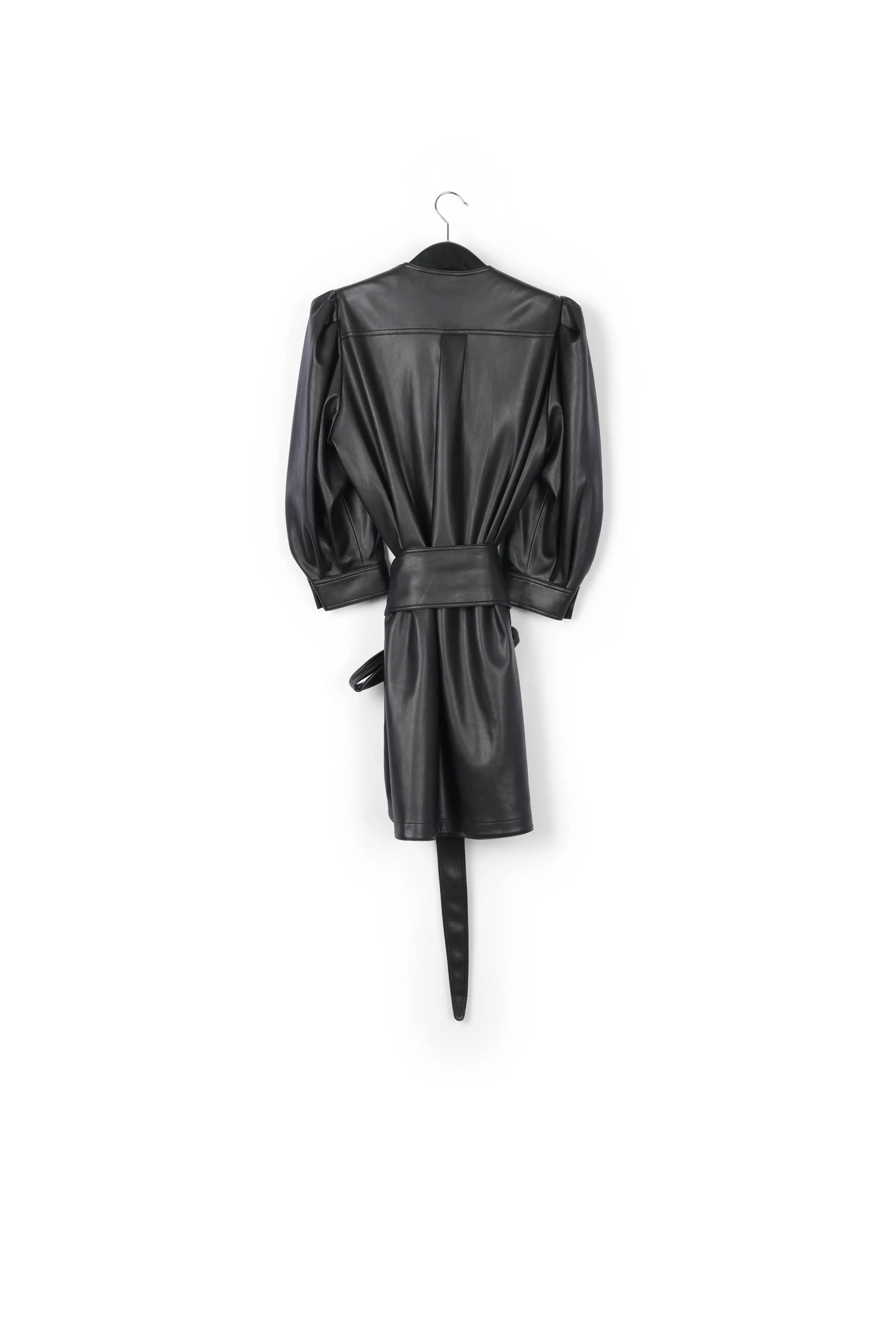 Black faux leather belted mini dress