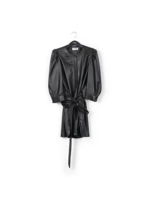 Black faux leather belted mini dress