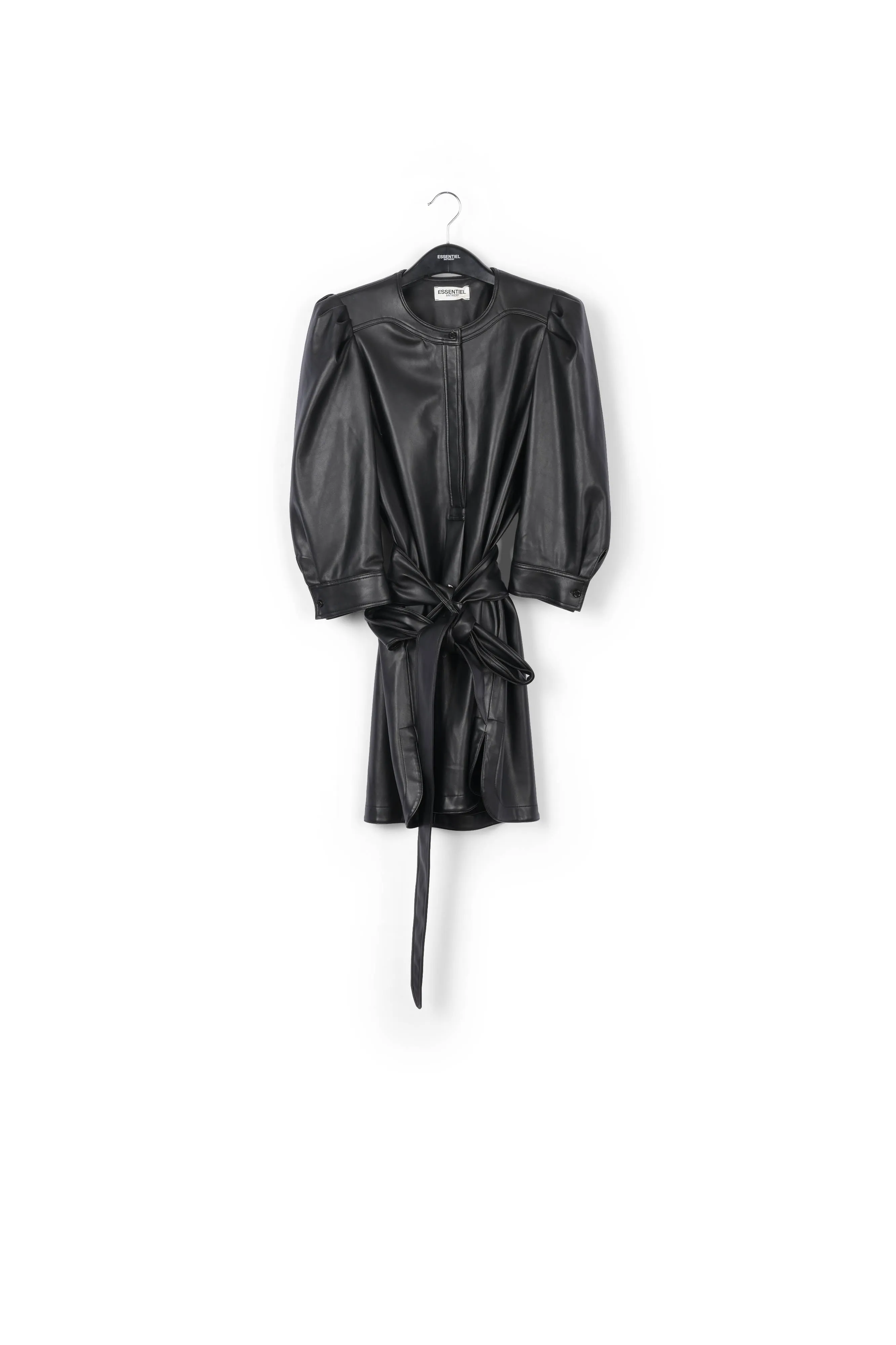Black faux leather belted mini dress