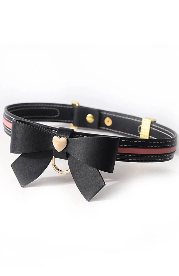 Black faux leather bow tie collar & leash