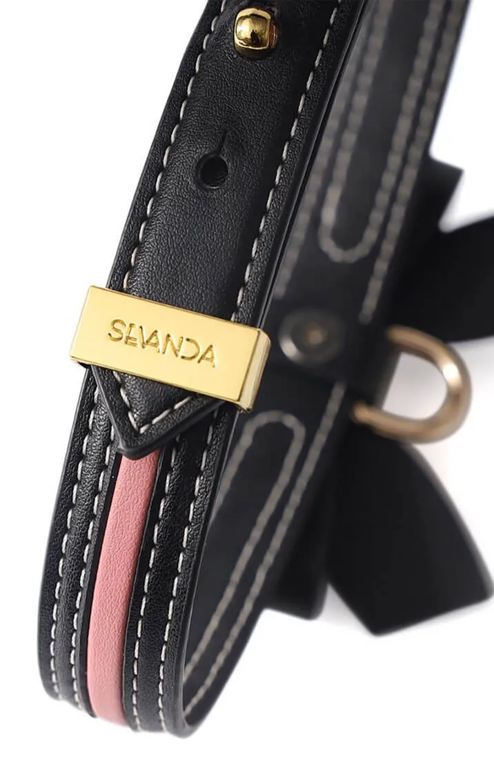 Black faux leather bow tie collar & leash