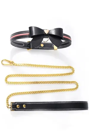Black faux leather bow tie collar & leash