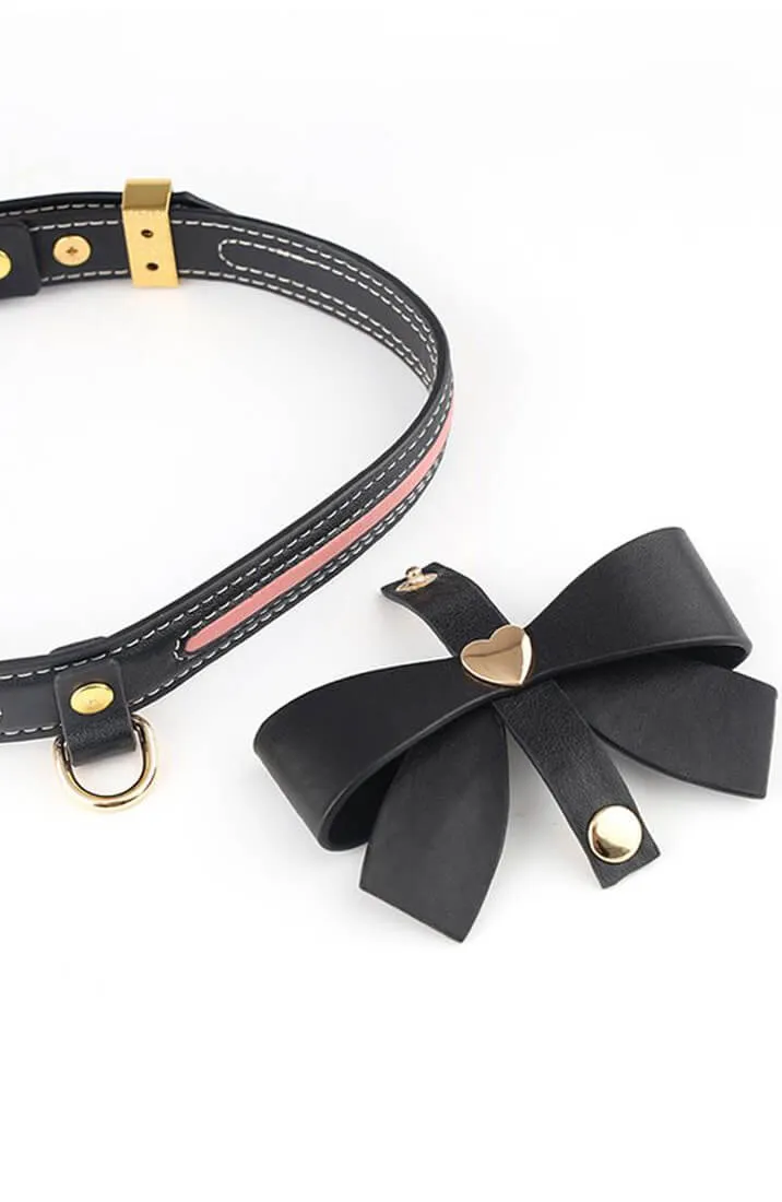 Black faux leather bow tie collar & leash