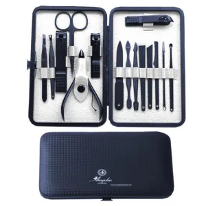 Black Gun Metal Chrome with Black Matte Case with Red Leather Mens Manicure Pedicure Kit - 15 piece Grooming Kit with travel Case
