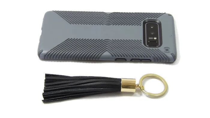 Black Lambskin Leather Tassel Keychain with 14k Gold Plated Brass Top Free Gift Wrap