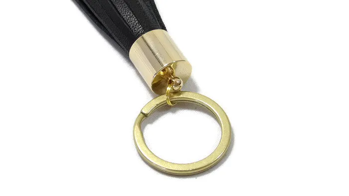 Black Lambskin Leather Tassel Keychain with 14k Gold Plated Brass Top Free Gift Wrap