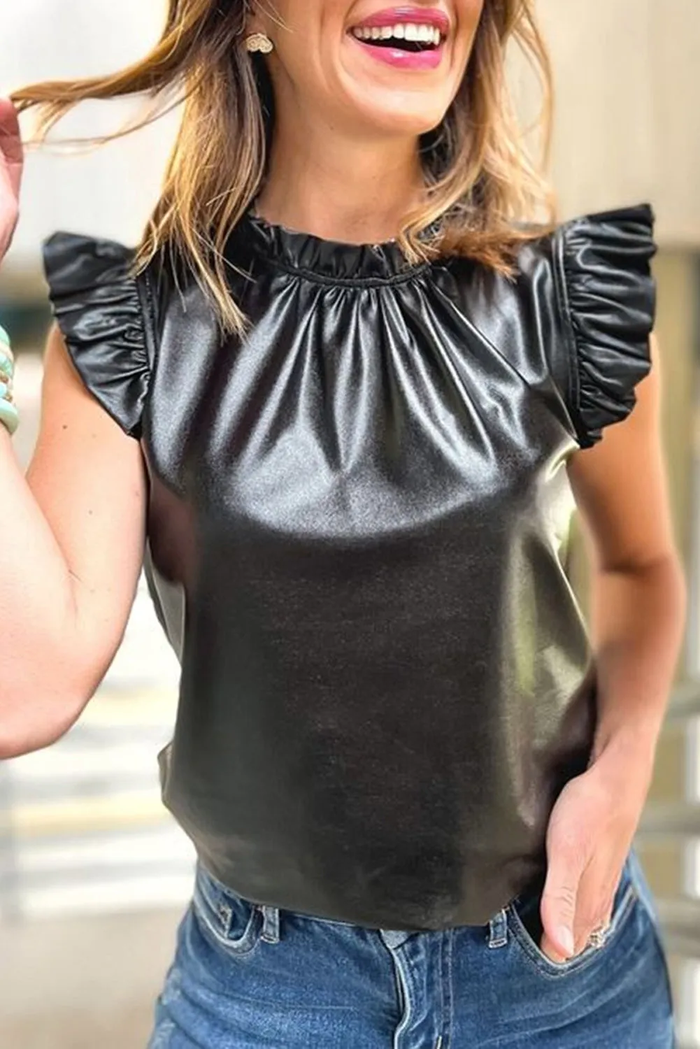 Black Leather Frilly Ruffle Trim Blouse