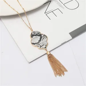 Black Polyurethane & 18K Gold-Plated Snake-Print Flower Tassel Pendant Necklace