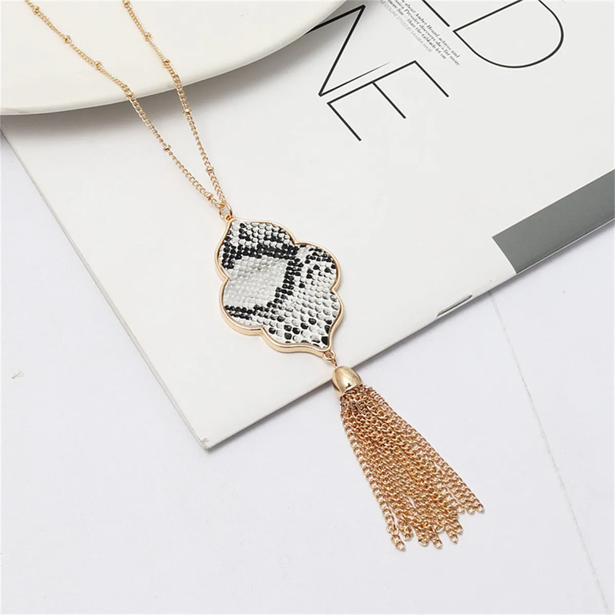 Black Polyurethane & 18K Gold-Plated Snake-Print Flower Tassel Pendant Necklace