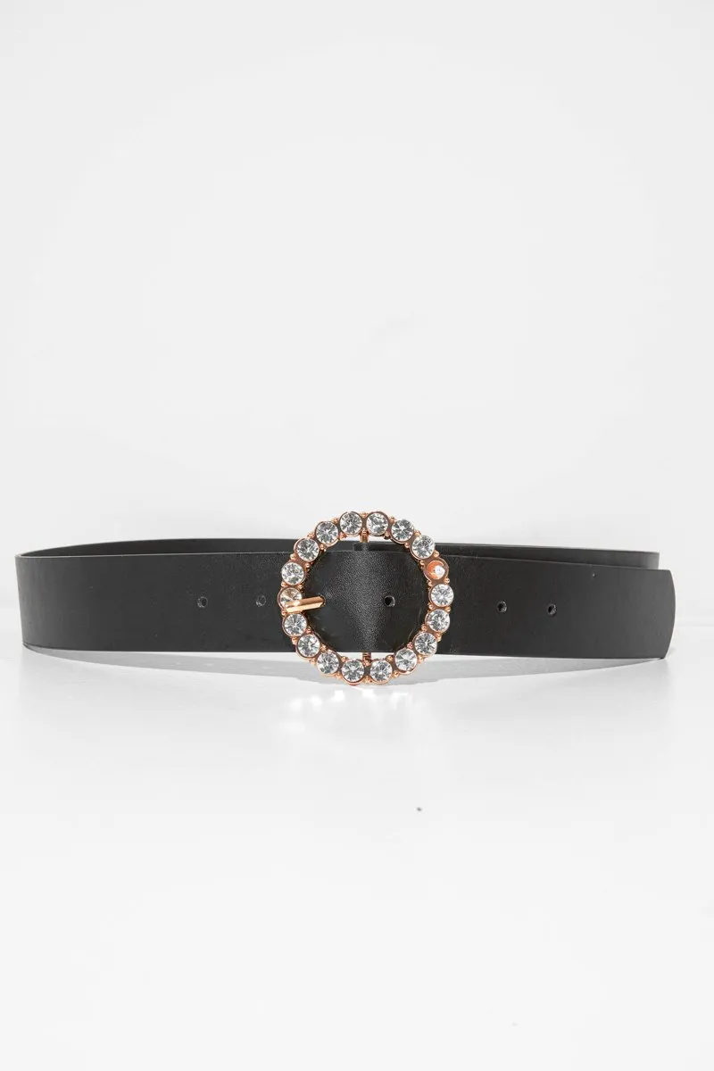 Black Rose Gold Diamante Buckle Belt - Ervie