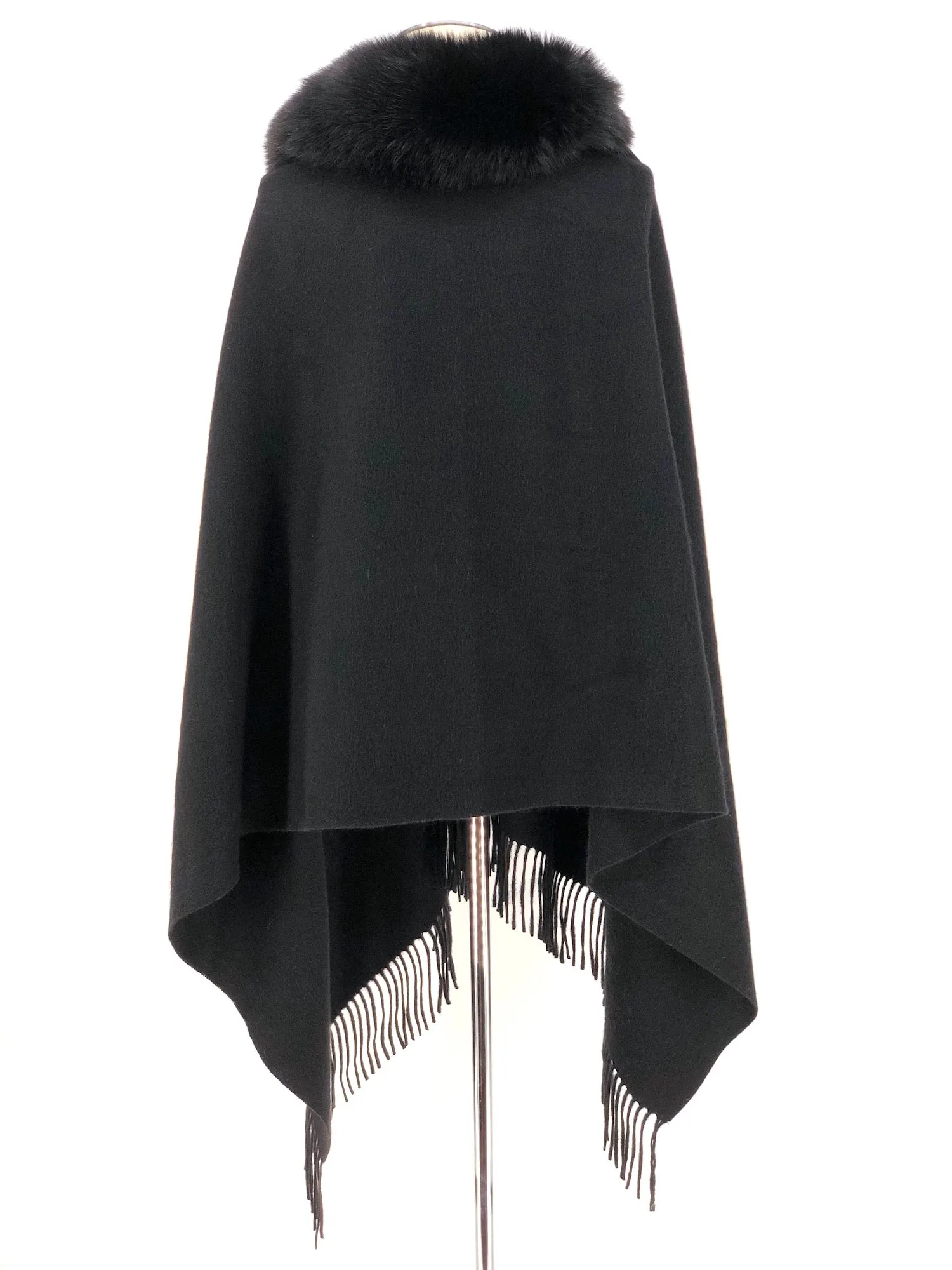 BLACK WOOL WITH FOX TRIM SHAWL
