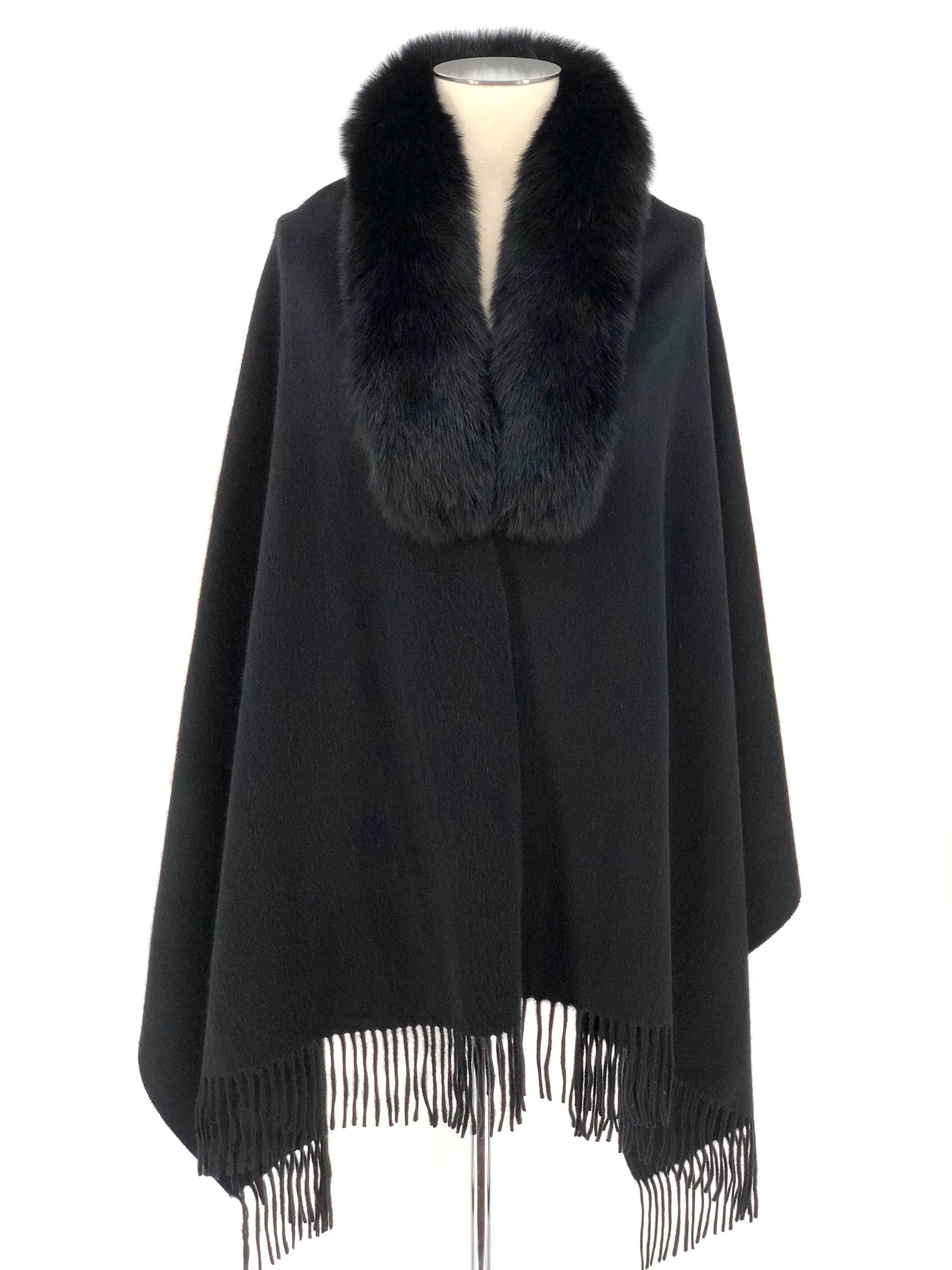 BLACK WOOL WITH FOX TRIM SHAWL