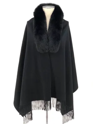 BLACK WOOL WITH FOX TRIM SHAWL
