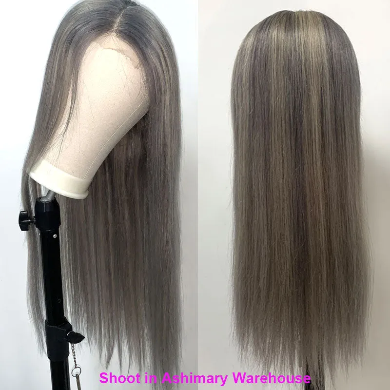 Blonde Highlight with Grey NewIn Piano Color Glueless 4*4 13*4 13*6 Closure Straight Wig 180% Brazilian Human Hair Luxurious Customization