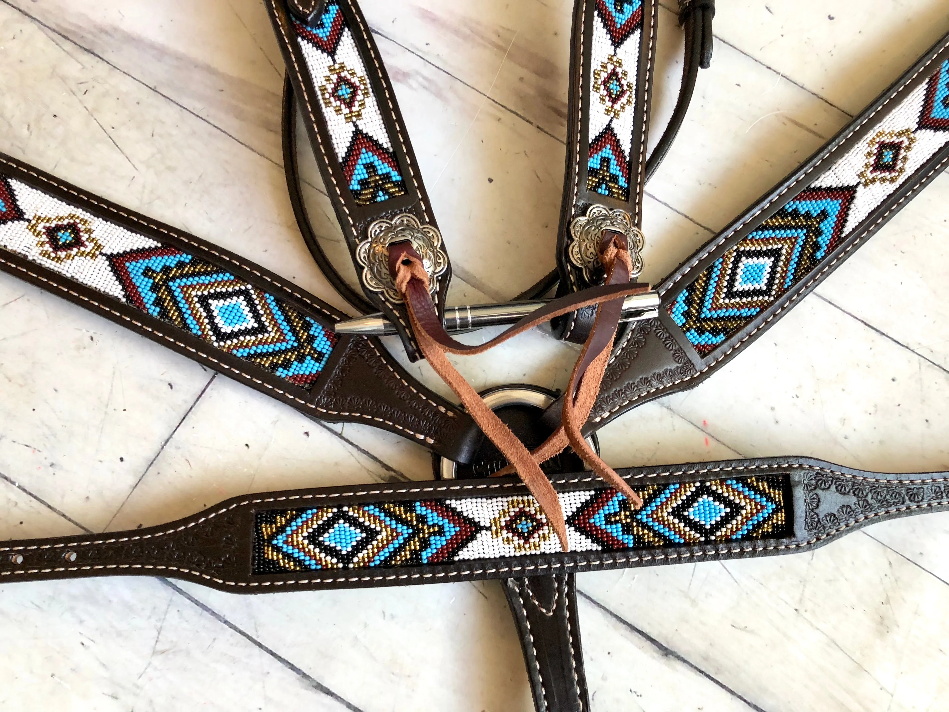 Blue, Gold and White Beaded Dark Leather Tack Set