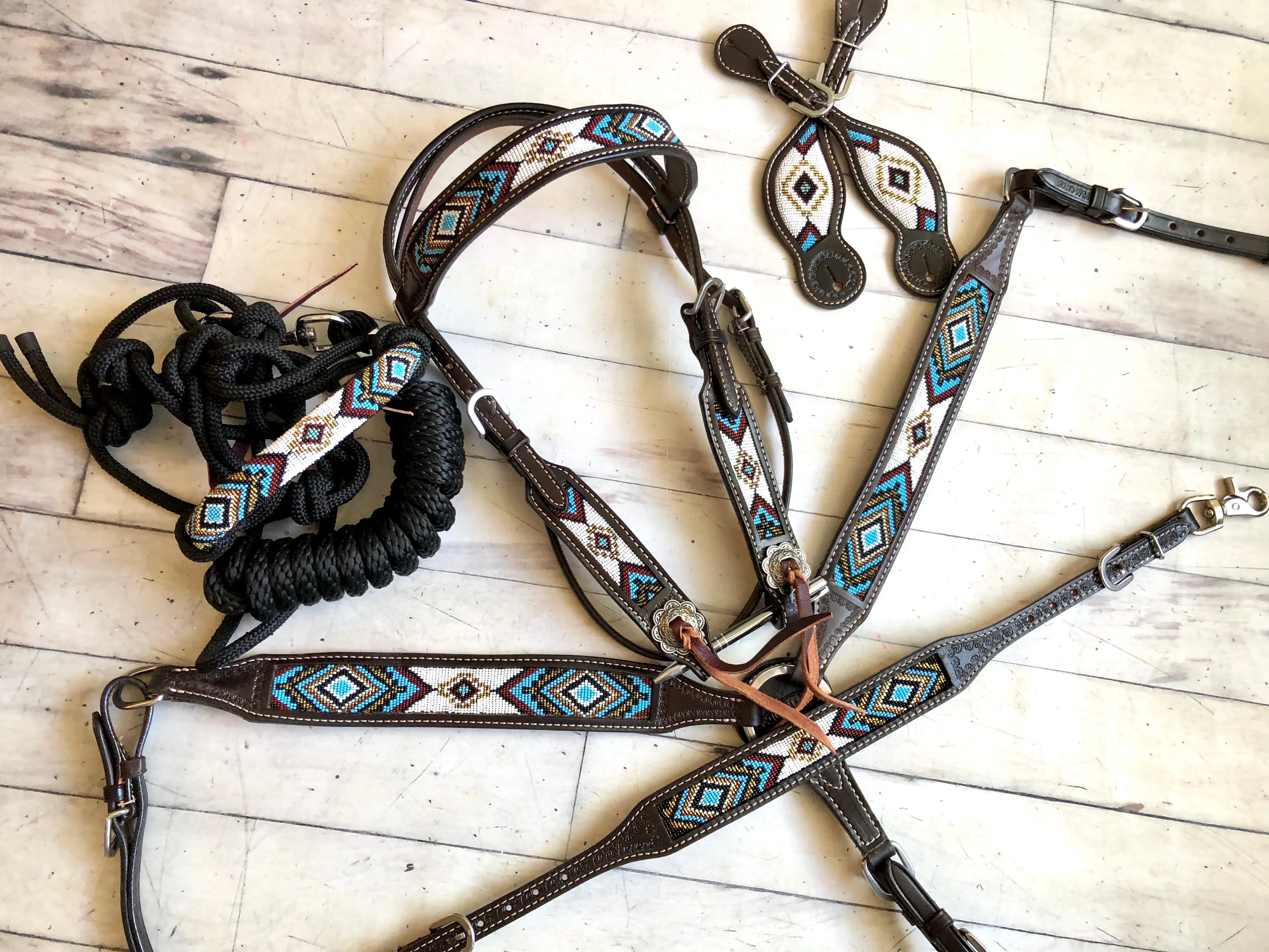 Blue, Gold and White Beaded Dark Leather Tack Set