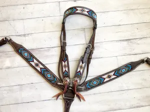 Blue, Gold and White Beaded Dark Leather Tack Set