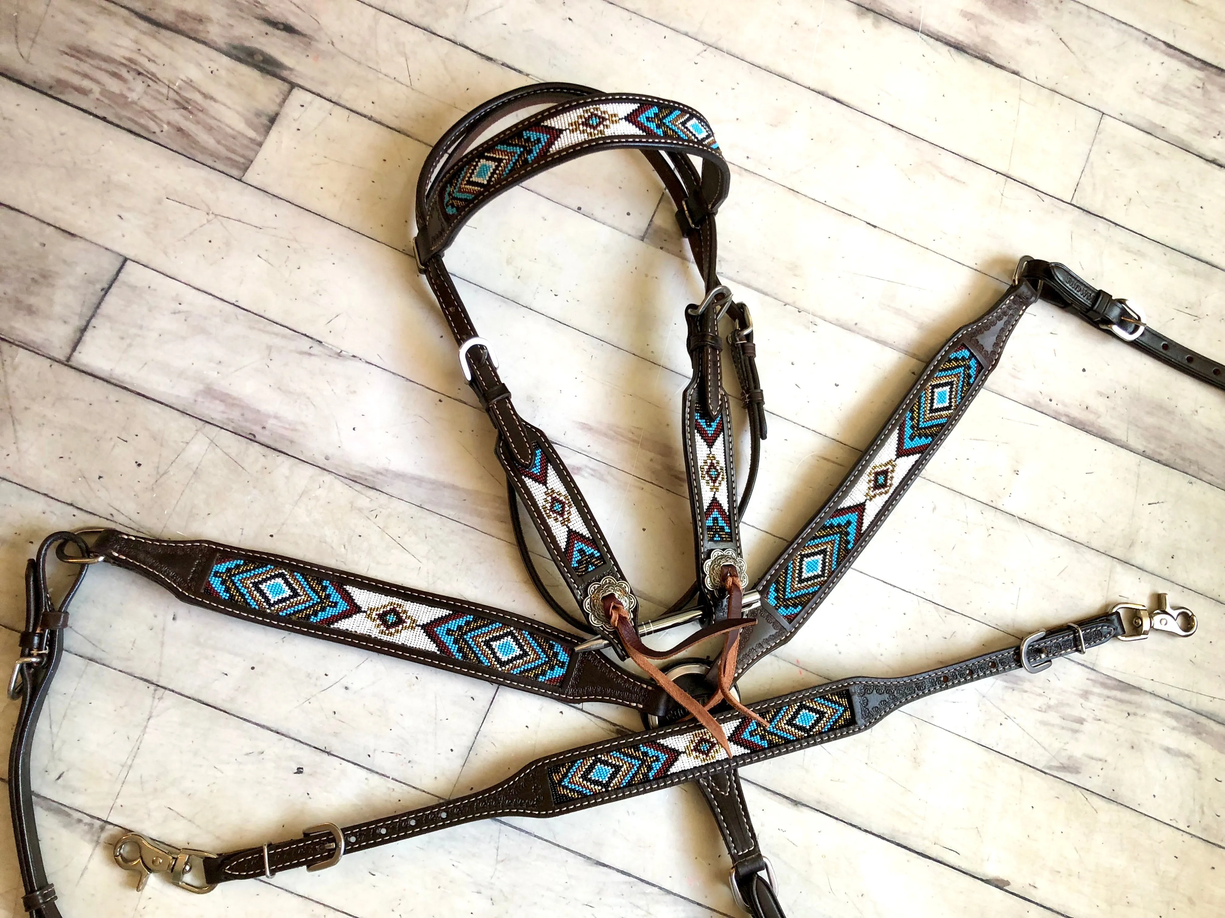 Blue, Gold and White Beaded Dark Leather Tack Set