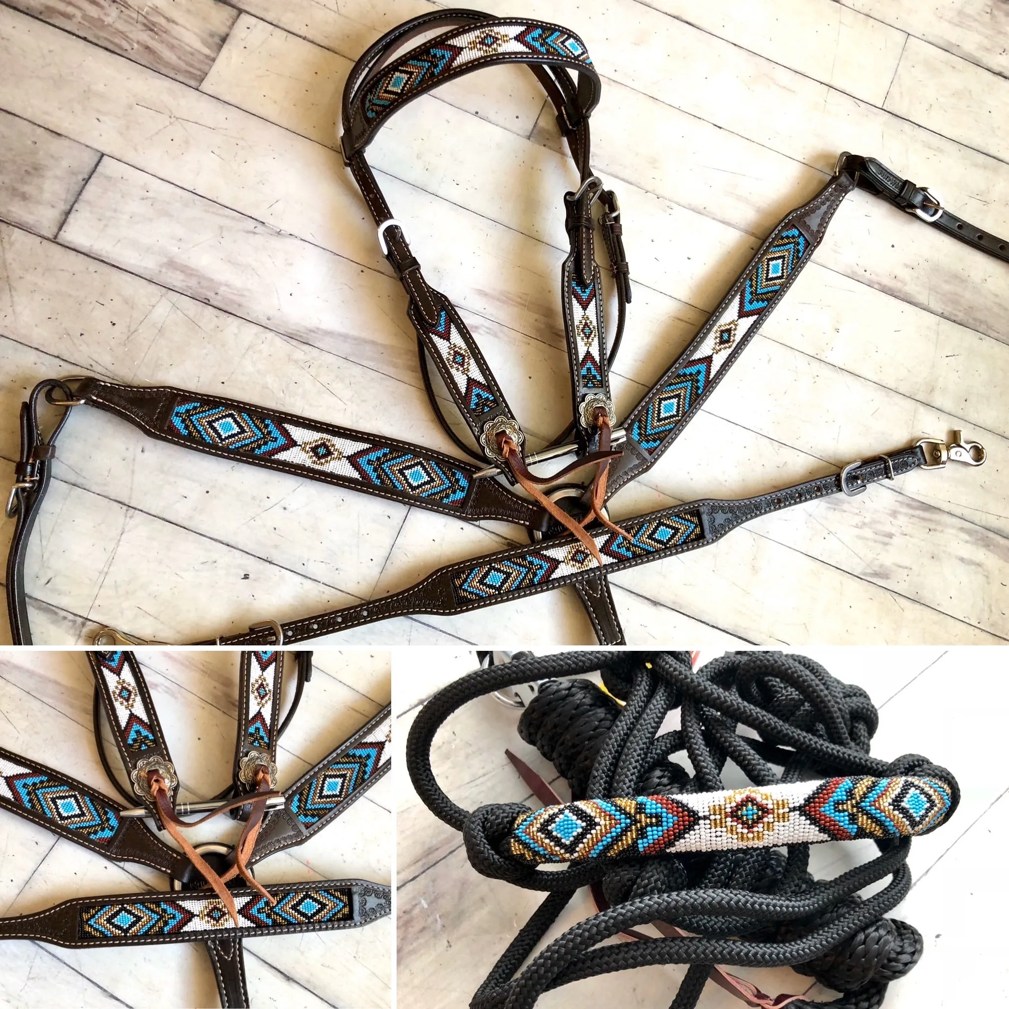 Blue, Gold and White Beaded Dark Leather Tack Set