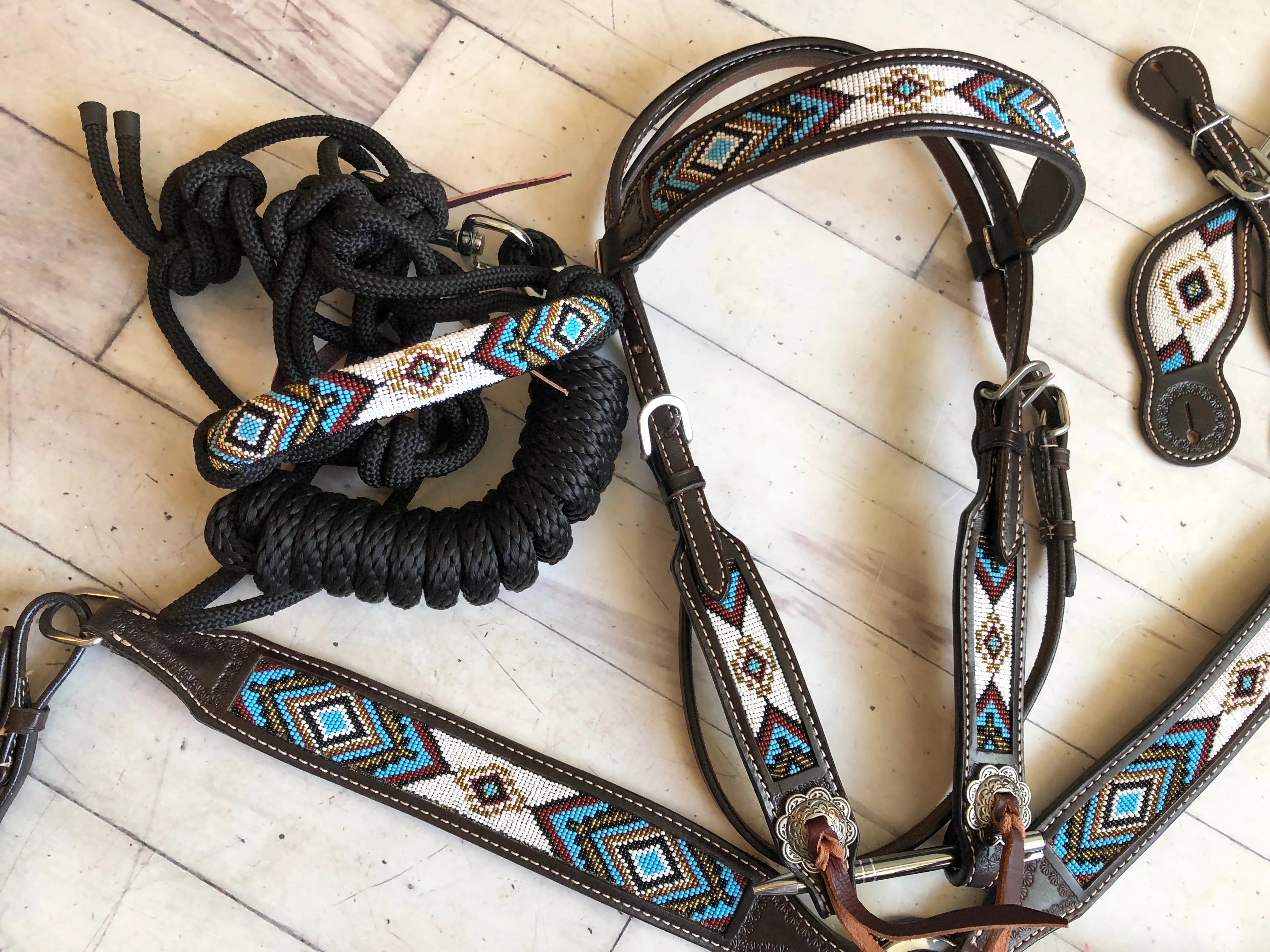Blue, Gold and White Beaded Dark Leather Tack Set