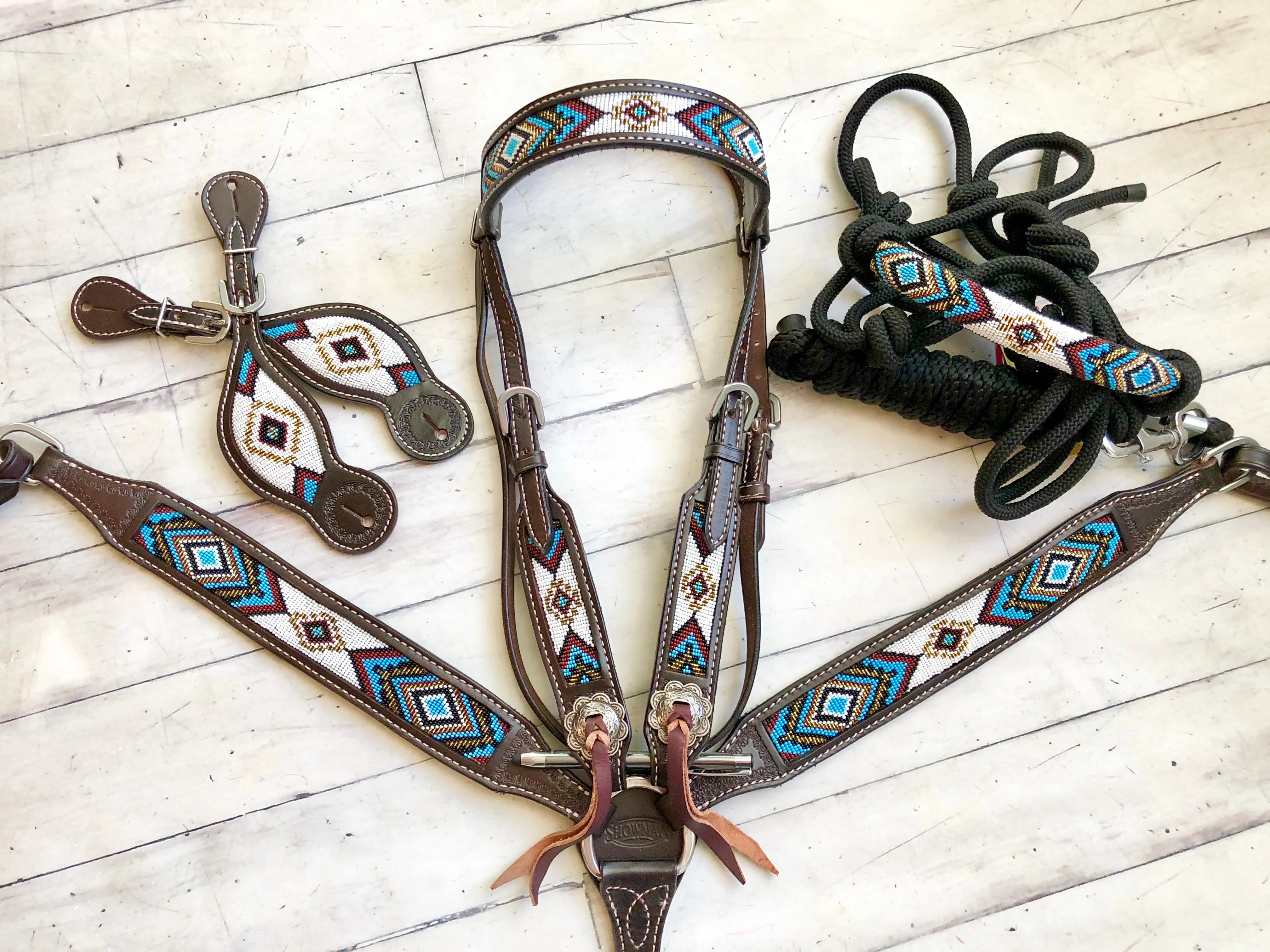 Blue, Gold and White Beaded Dark Leather Tack Set