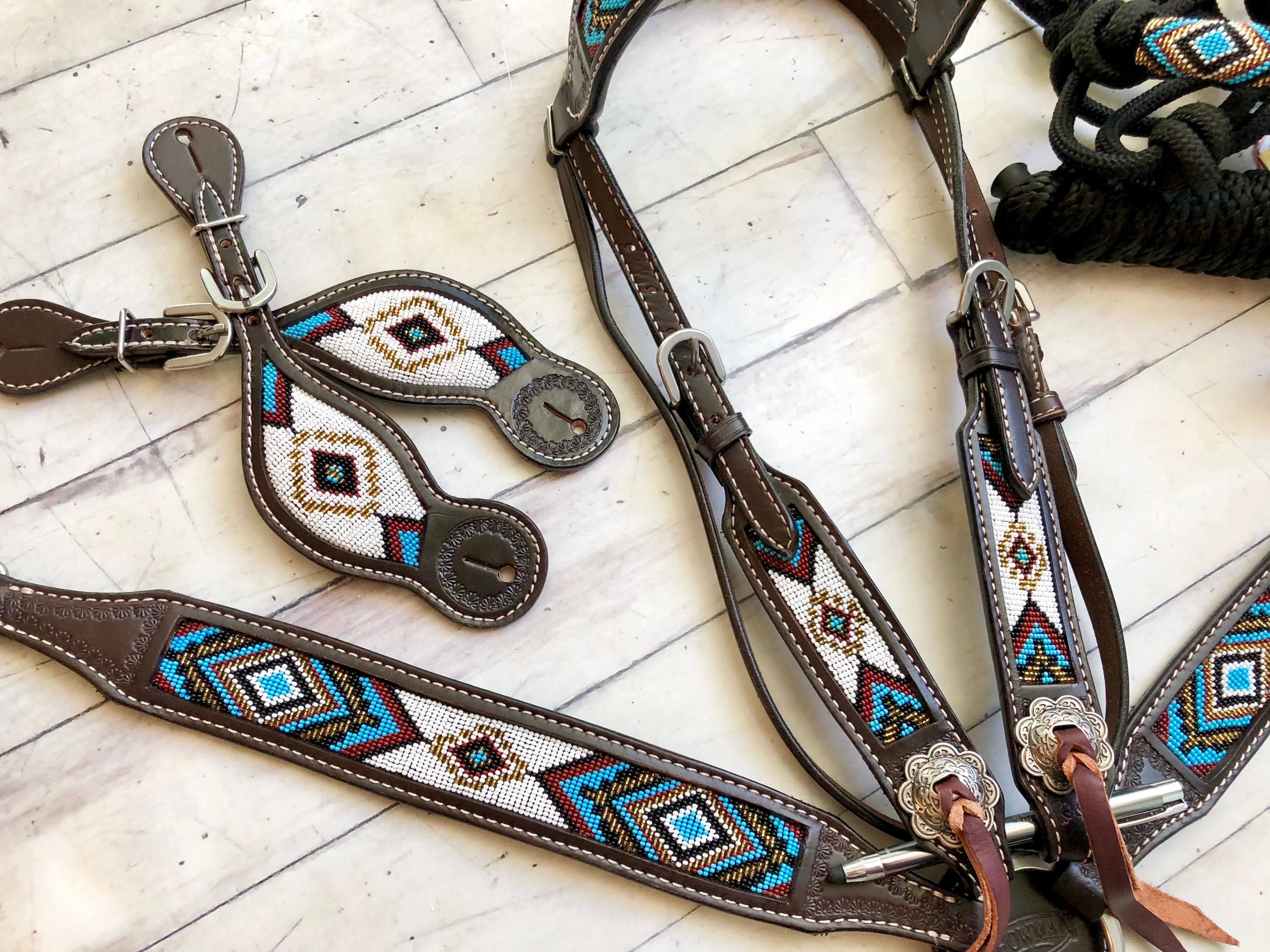Blue, Gold and White Beaded Dark Leather Tack Set