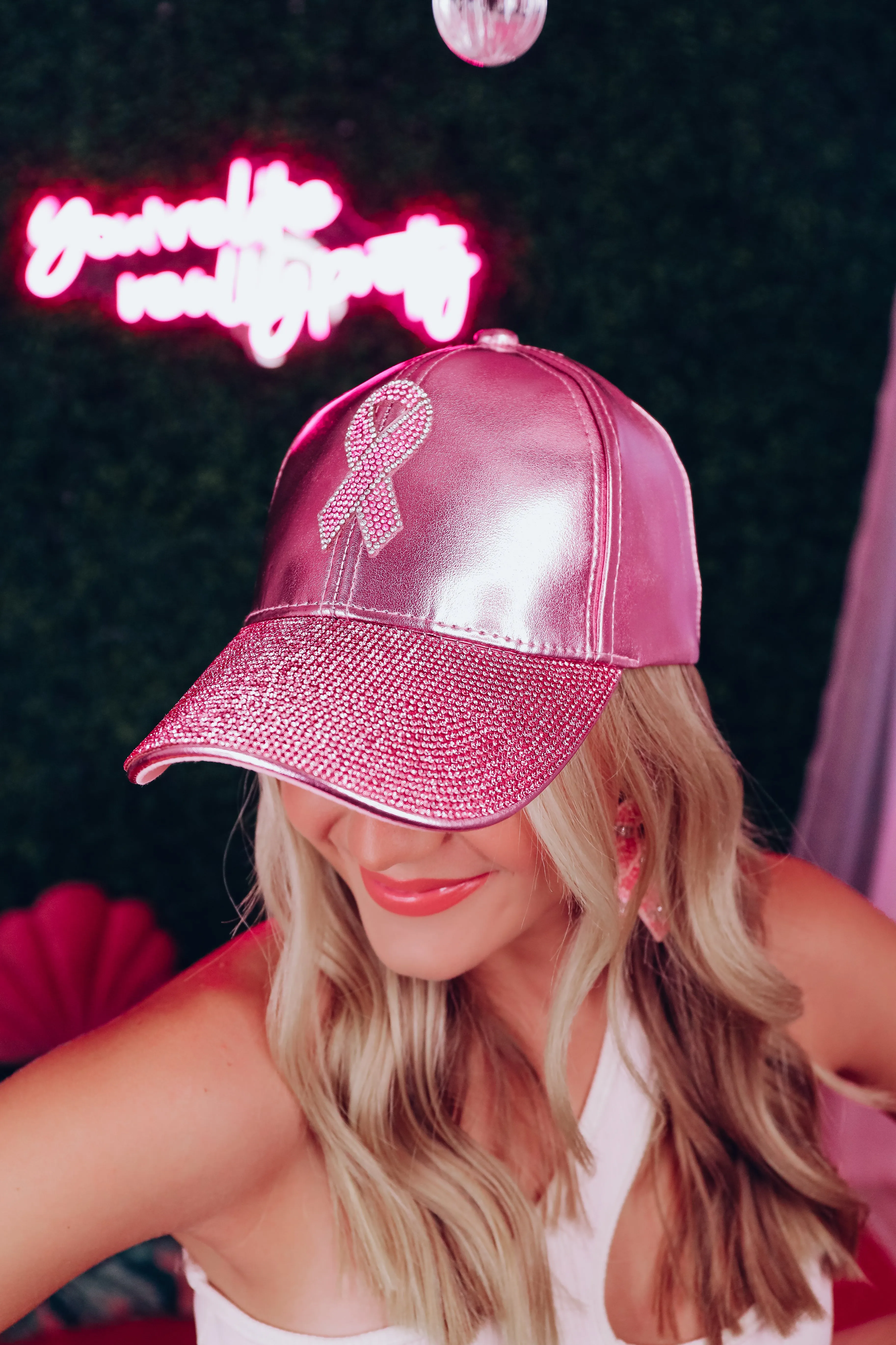 Breast Cancer Rhinestone Baseball Cap - Pink