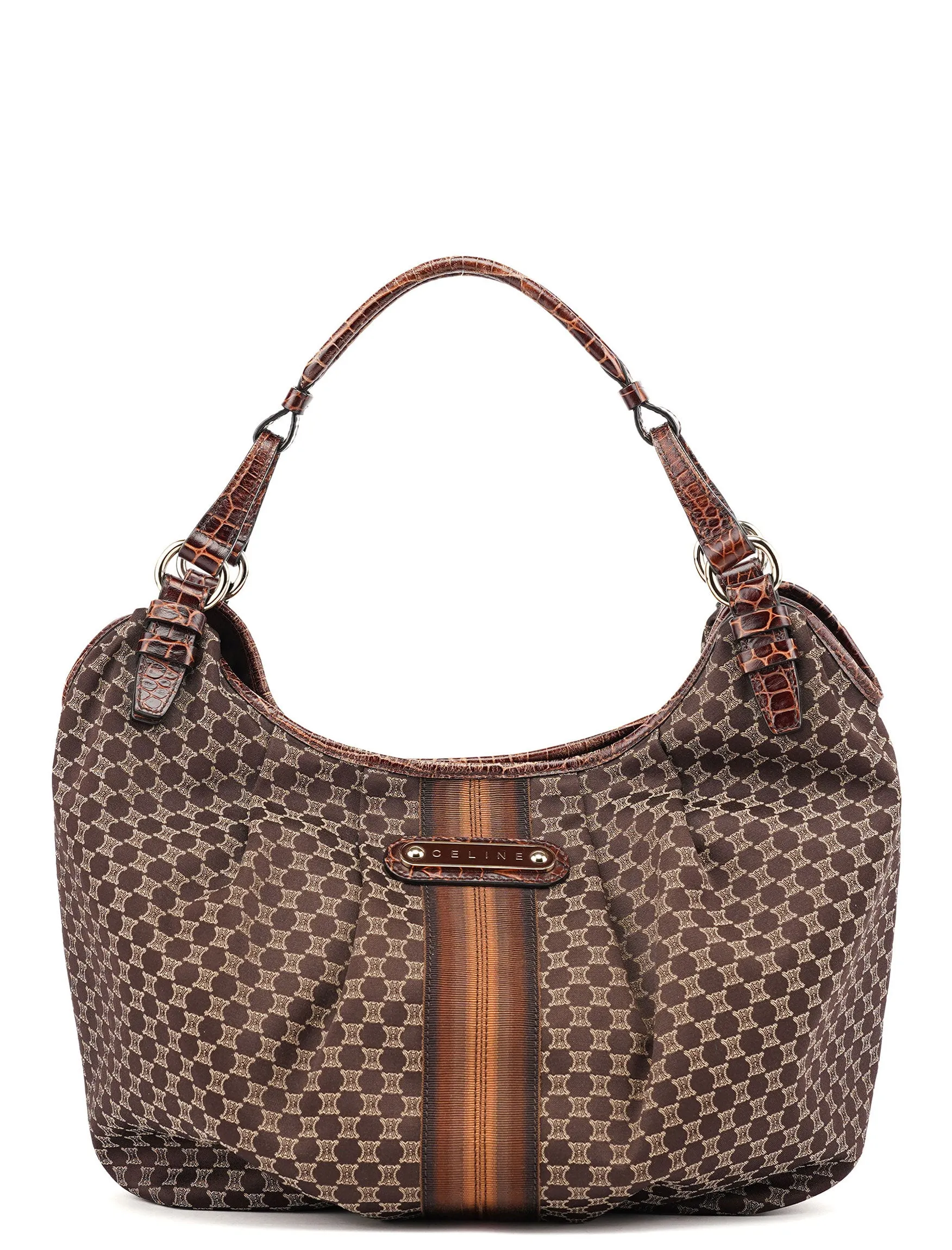 Brown Croc Embossed Triomphe Shoulder Bag