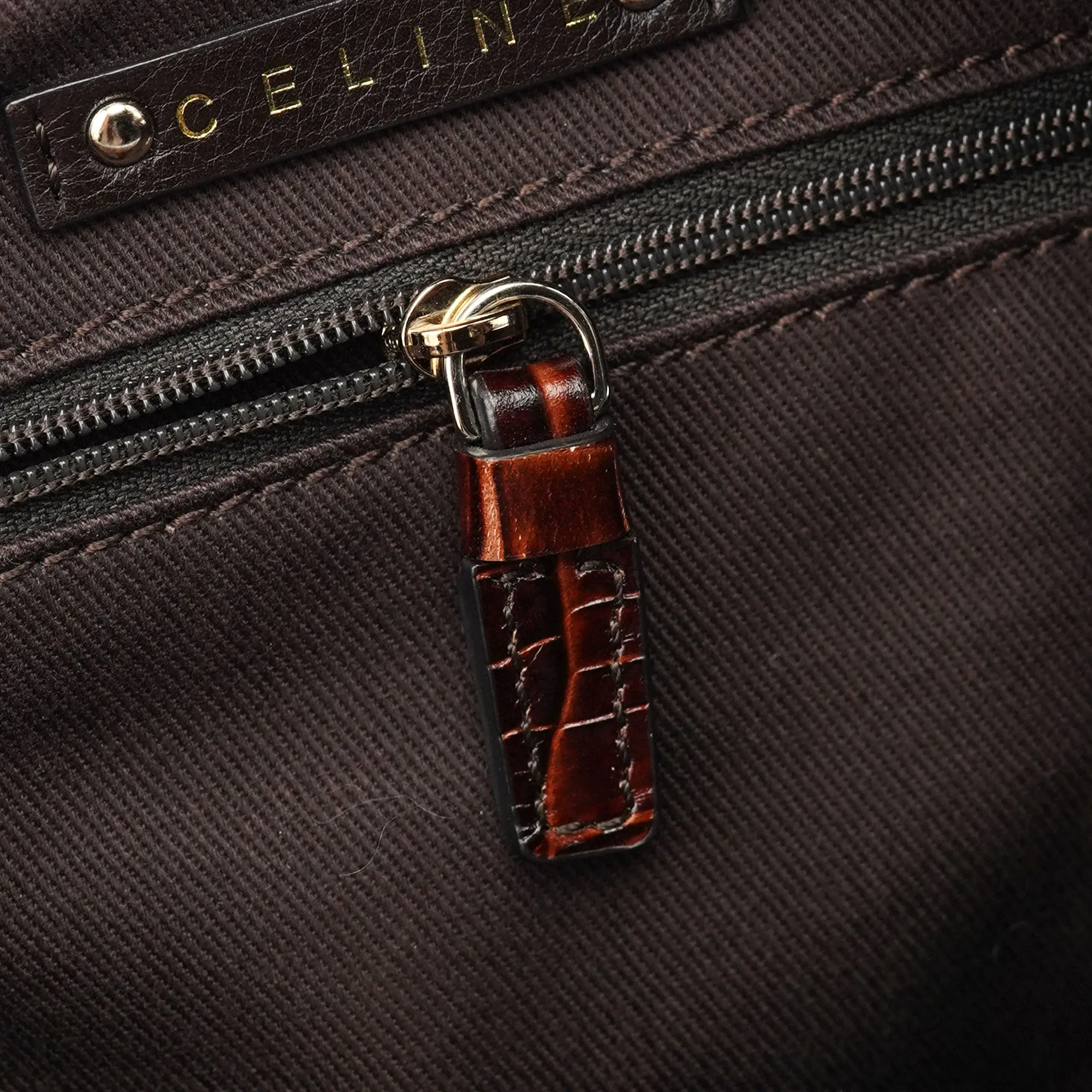 Brown Croc Embossed Triomphe Shoulder Bag