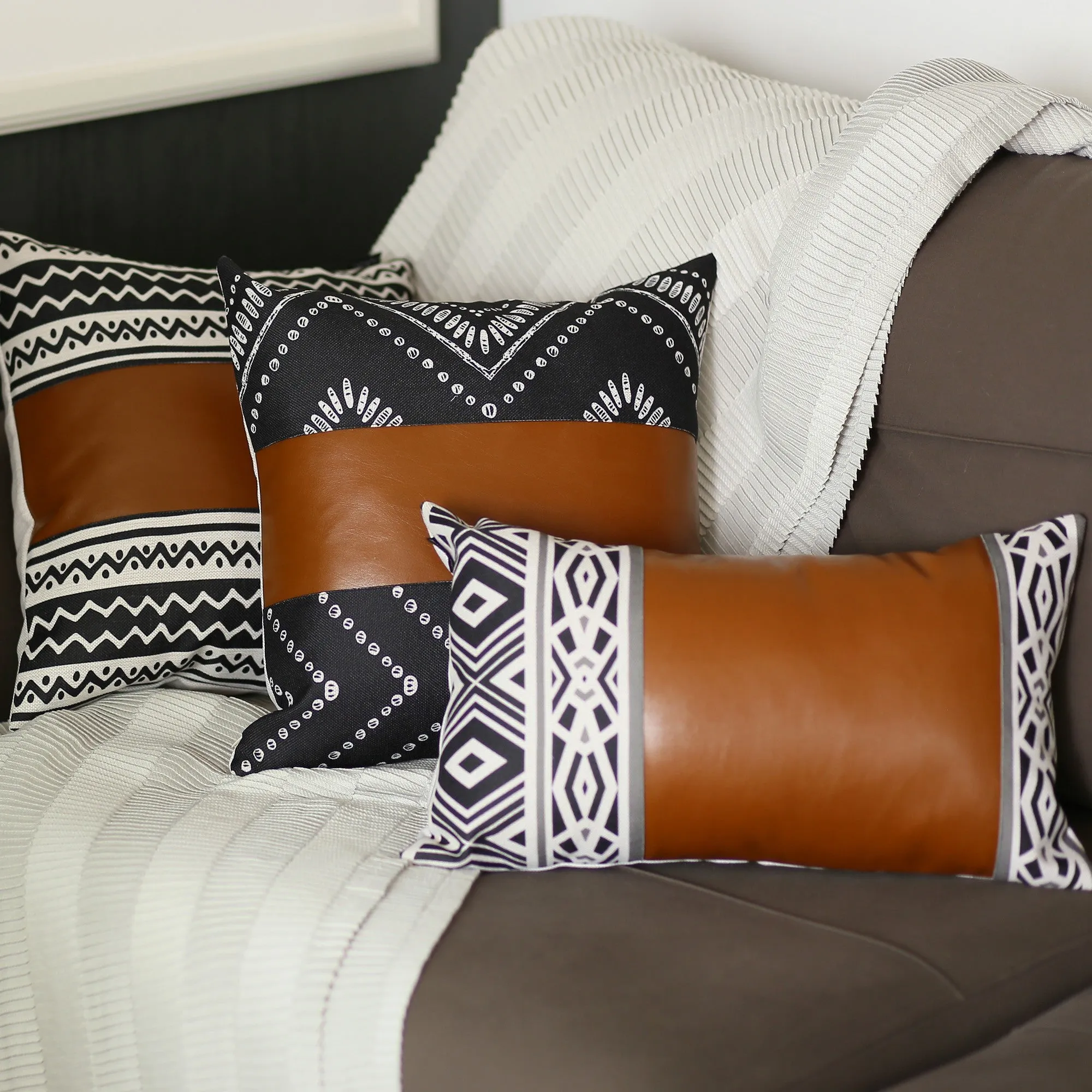 Brown Faux Leather and Zigzag Decorative Pillow Cover