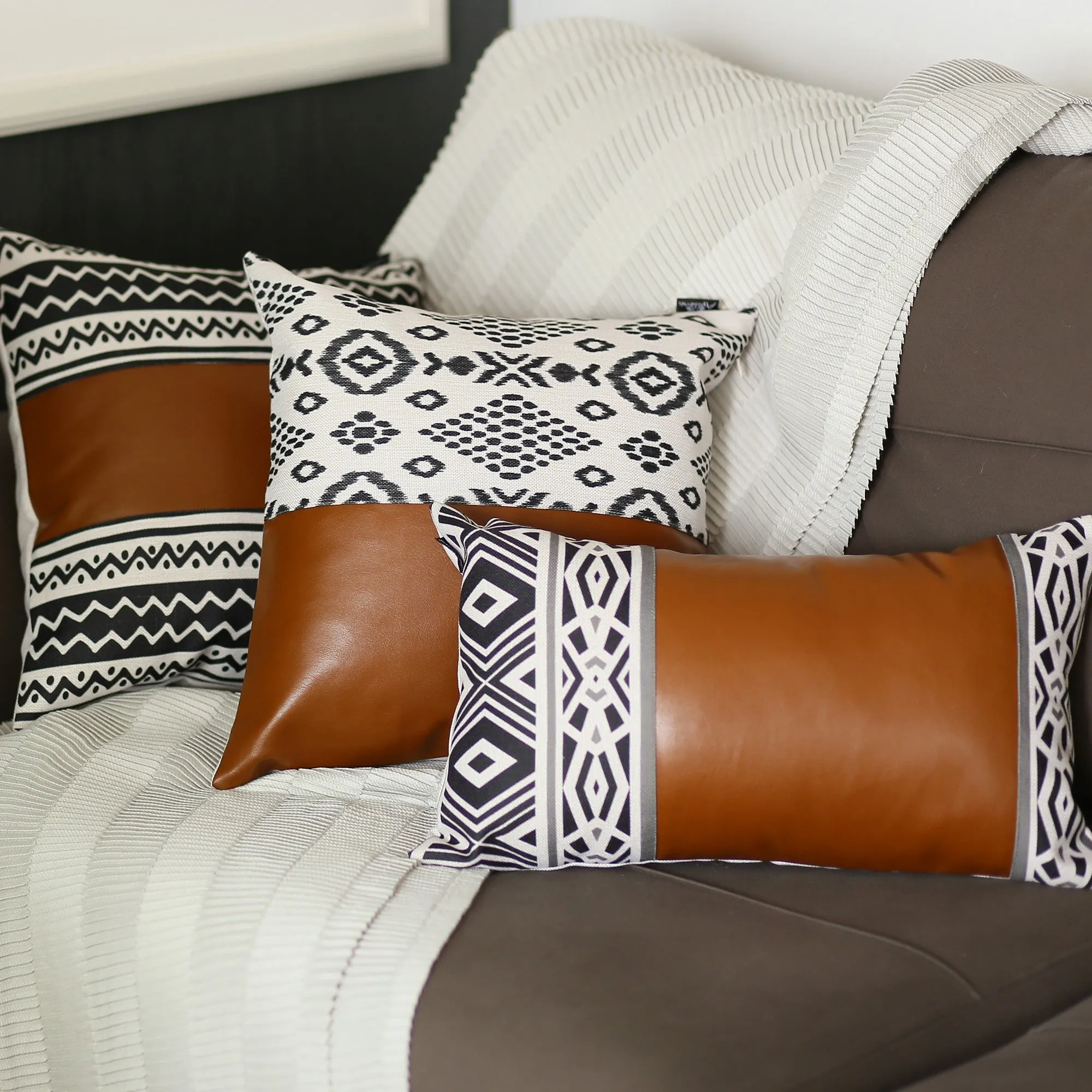 Brown Faux Leather and Zigzag Decorative Pillow Cover