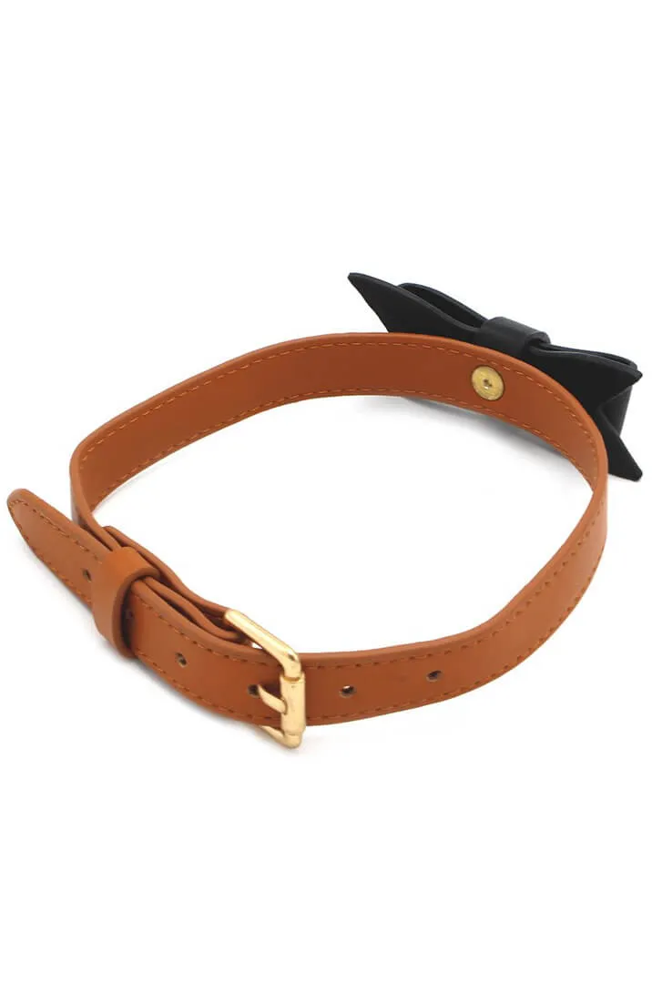 Brown faux leather bow tie collar & leash