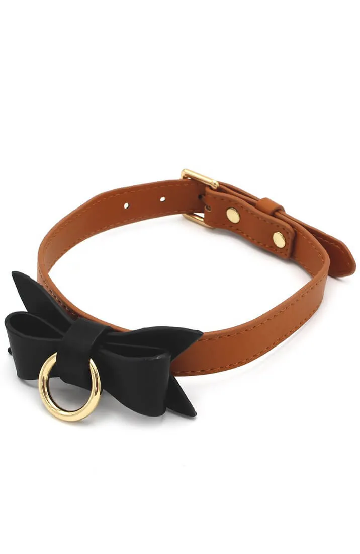 Brown faux leather bow tie collar & leash