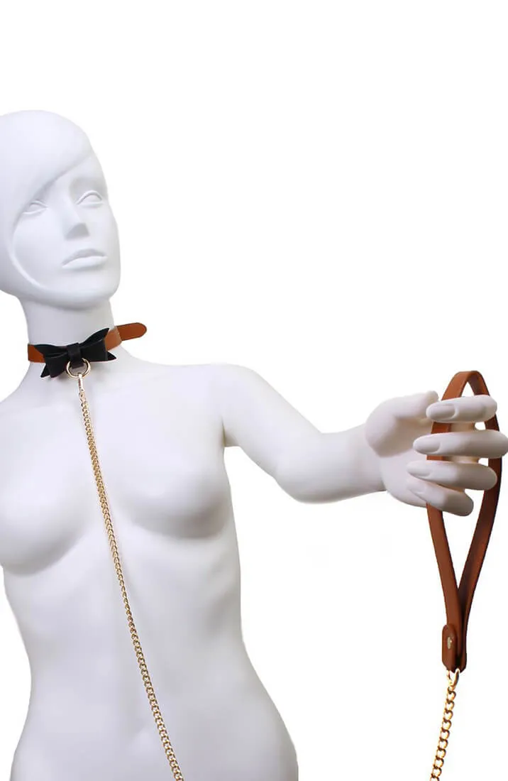Brown faux leather bow tie collar & leash
