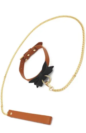 Brown faux leather bow tie collar & leash