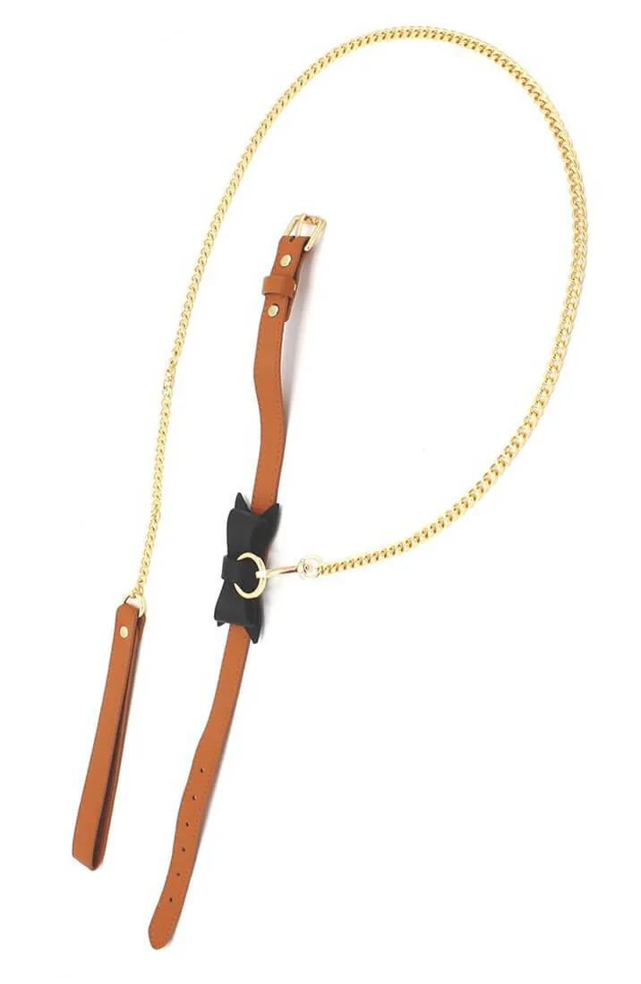 Brown faux leather bow tie collar & leash