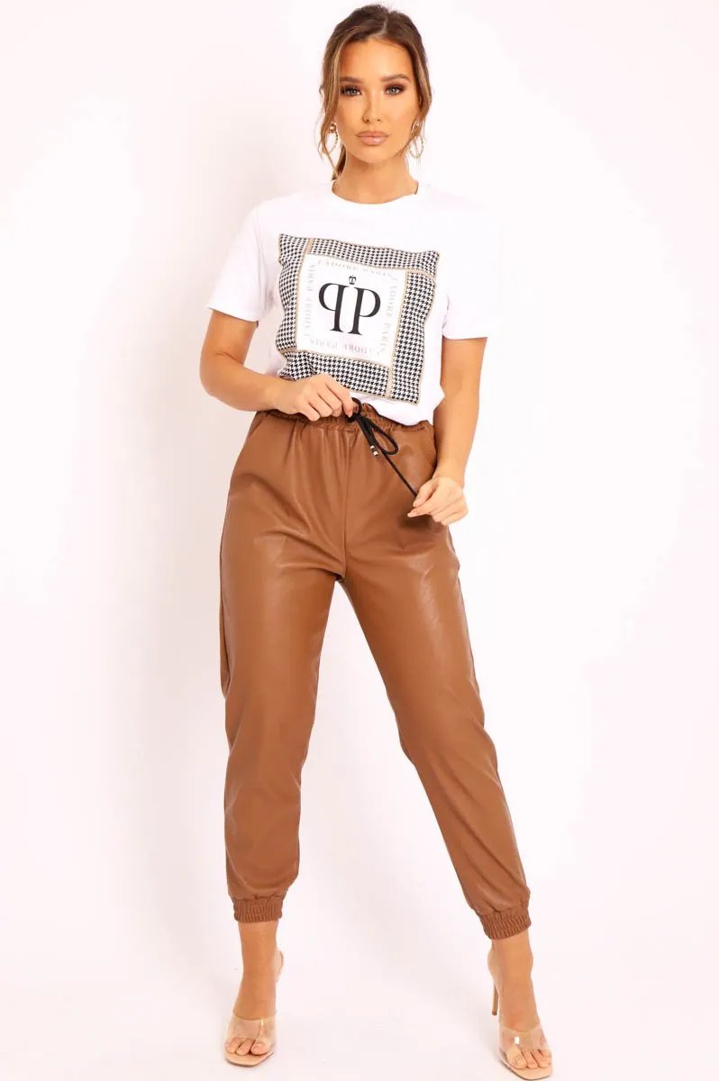 Brown Faux Leather Drawstring Waist Joggers - Persia