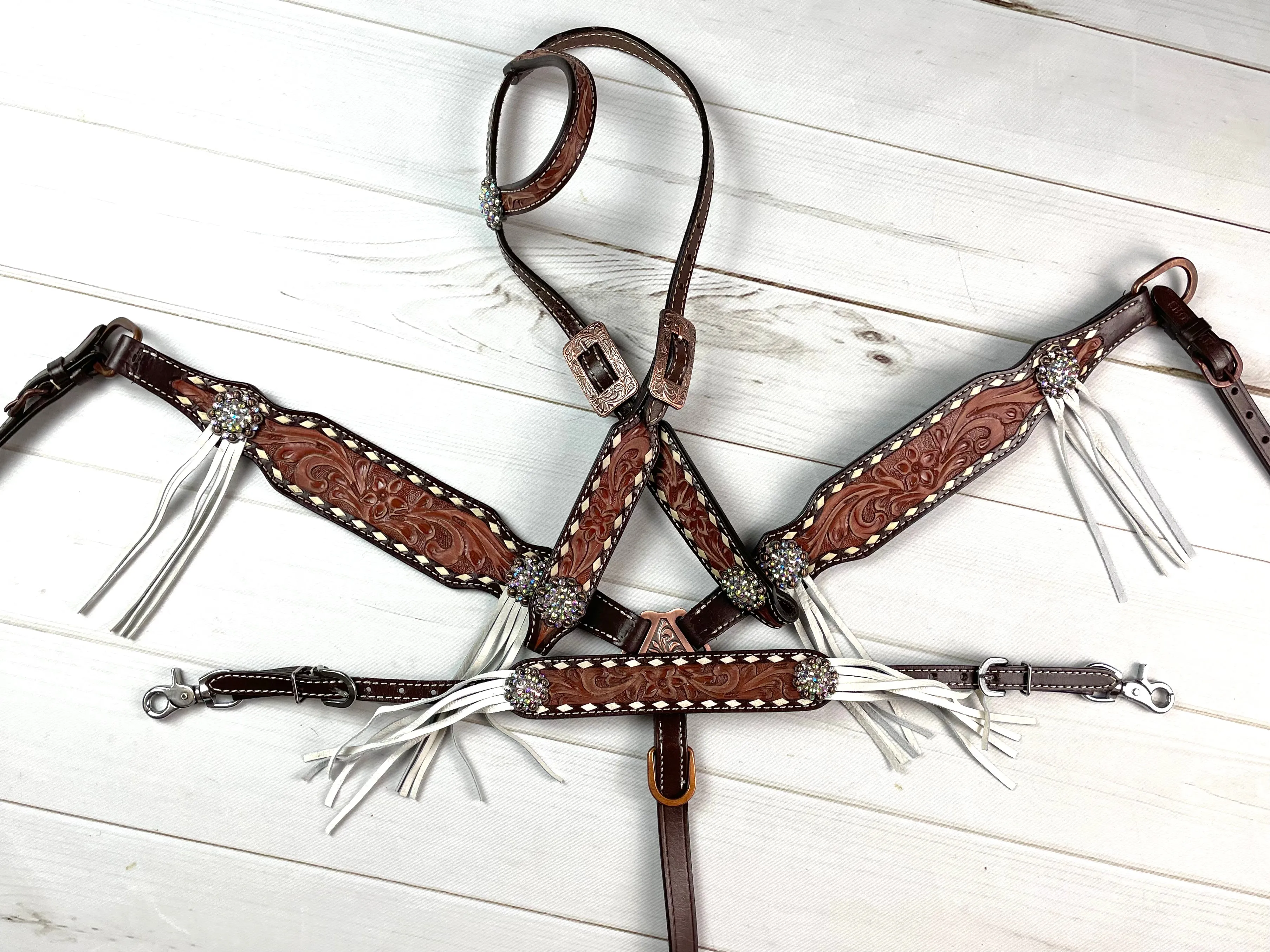 Brown Leather Tooled White Buckstitch Tassel Tack Set