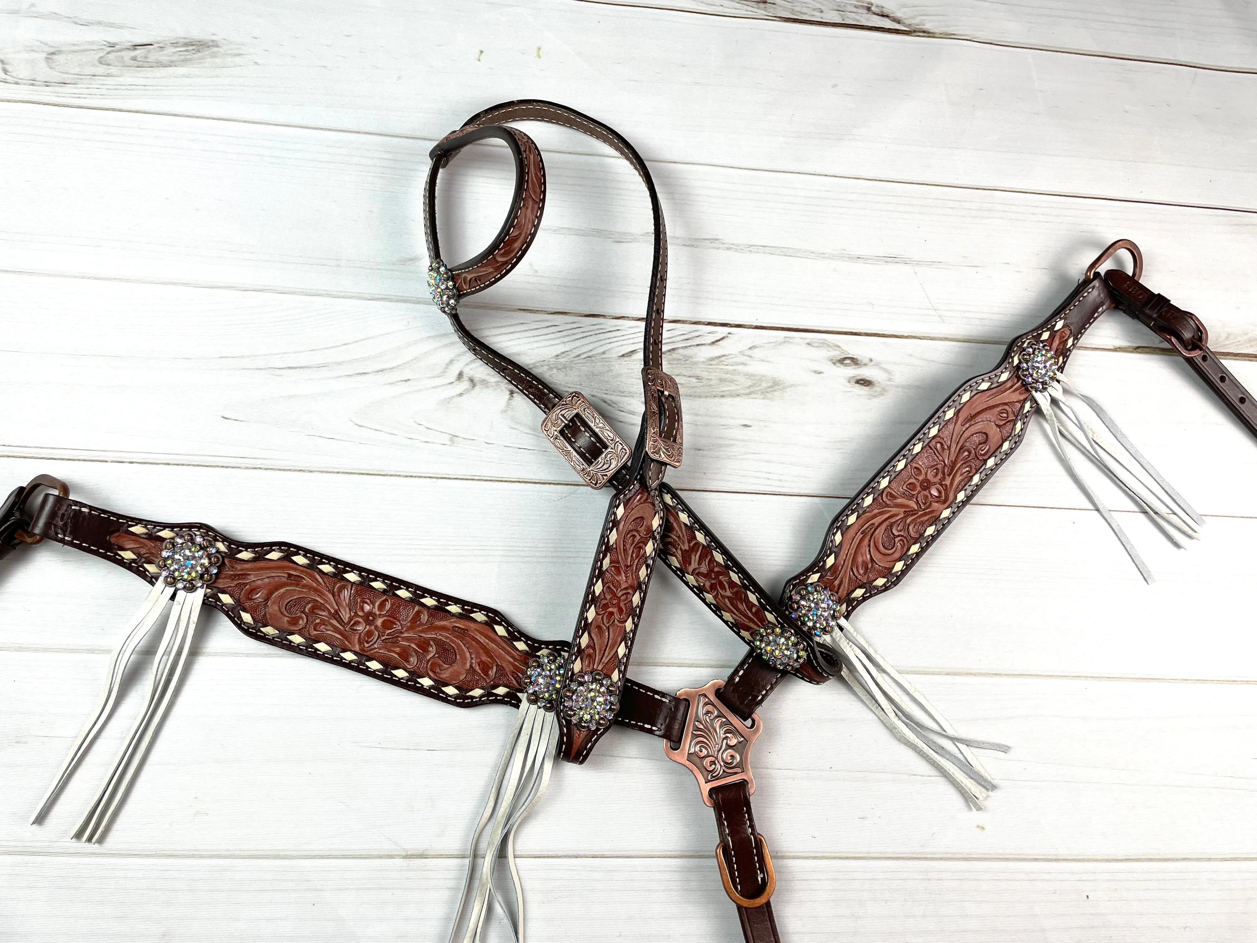 Brown Leather Tooled White Buckstitch Tassel Tack Set