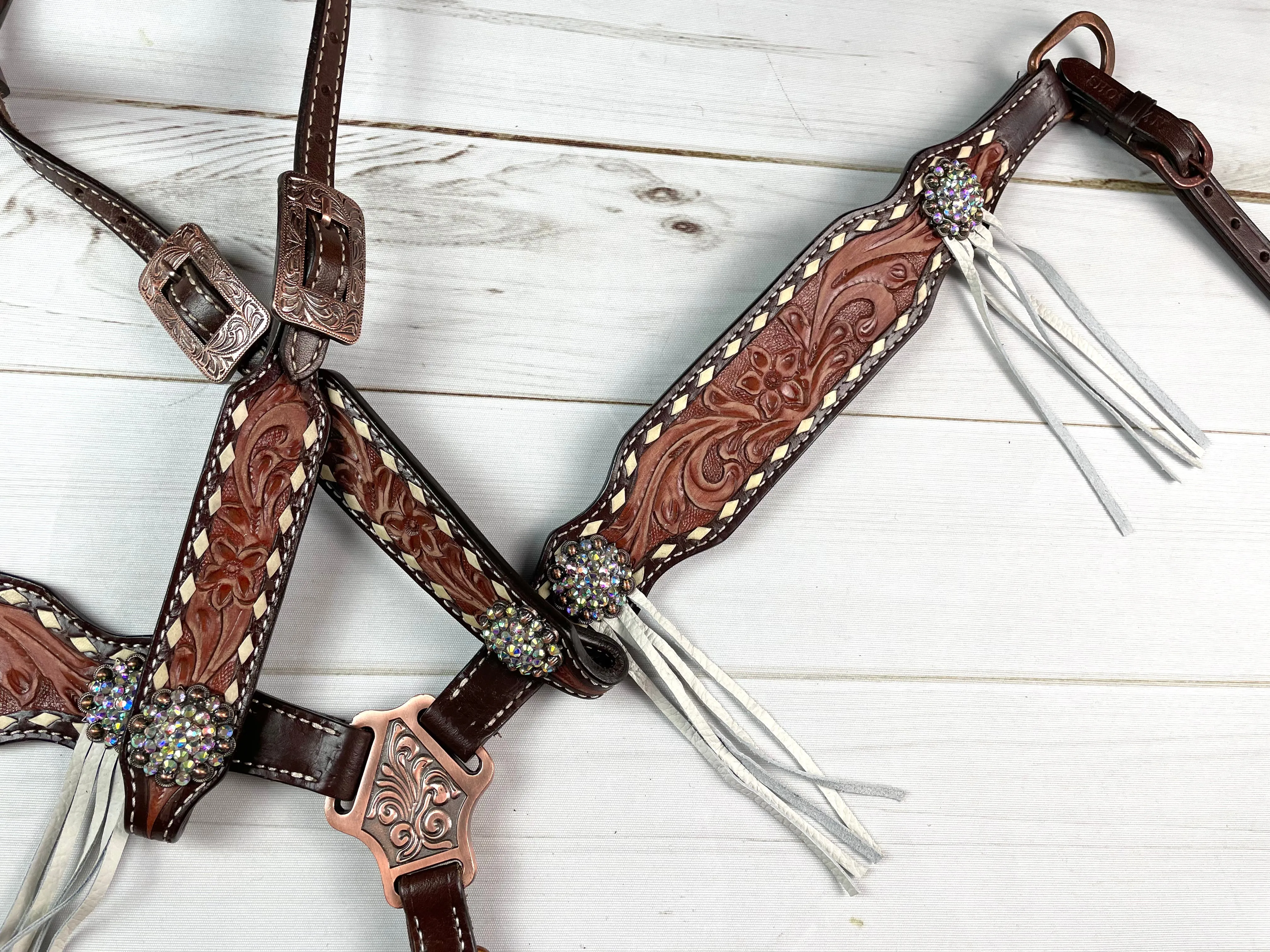 Brown Leather Tooled White Buckstitch Tassel Tack Set