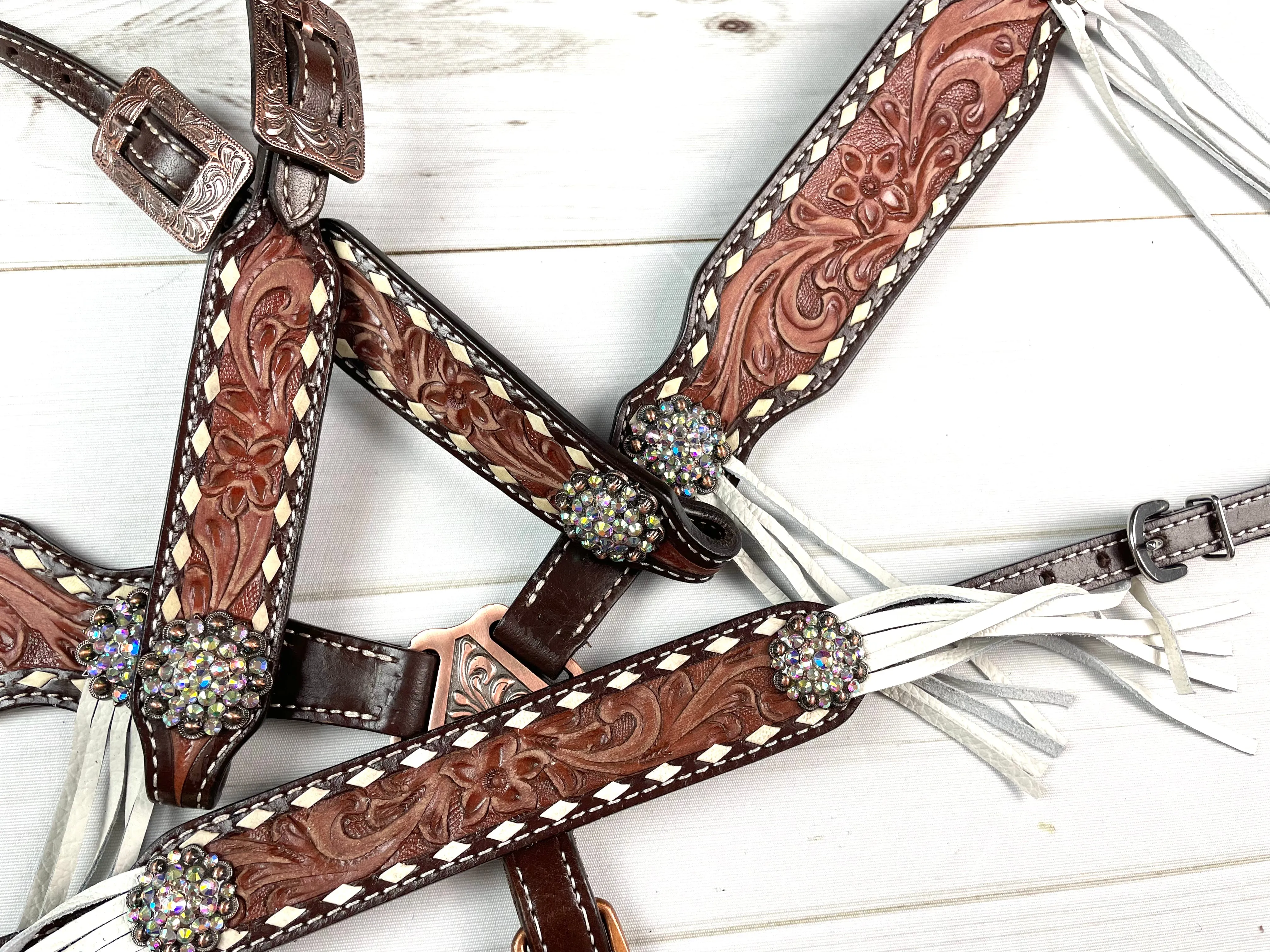 Brown Leather Tooled White Buckstitch Tassel Tack Set
